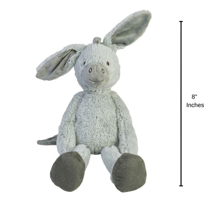 Happy Horse Donkey Diego plush donkey sitting upright with an 8-inch height indicator graphic next to it.