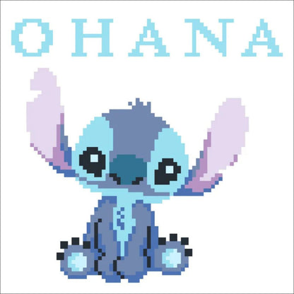 Graphic pattern of the Stitch Ohana Means Family diamond painting design highlighting the dot placement for the character and text.