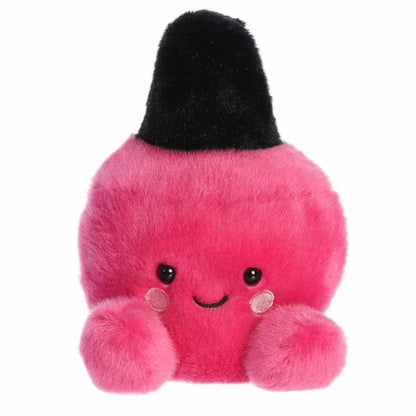 Plush toy resembling a pink nail polish bottle with a black cap on a white background