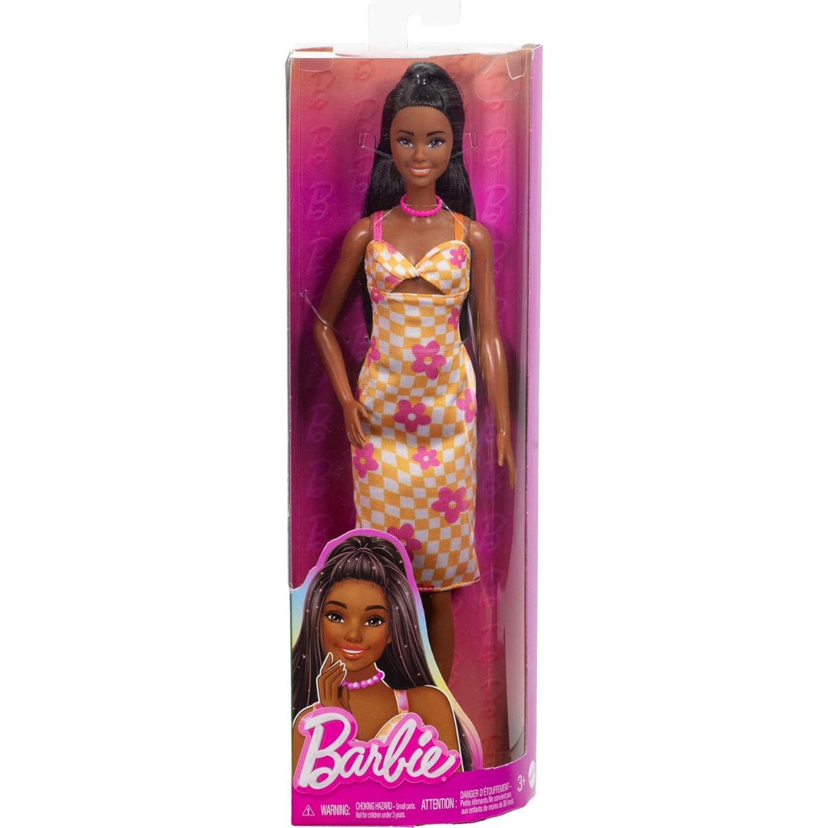 Barbie Fashionistas Doll #233, Black Hair in Checkered Flower Midi Dress with Matching Necklace and Sandals