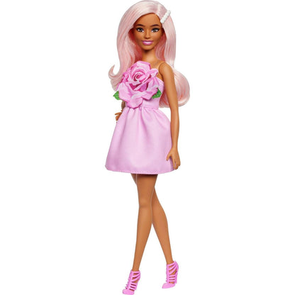 Barbie Fashionistas Doll #238, Blonde with White Barrette in Pink Rosebud Strapless Dress with Matching Heels
