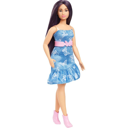 Barbie Fashionistas Doll #231, Purple Hair in Strapless Denim Butterfly Dress with Matching Heels and Belt