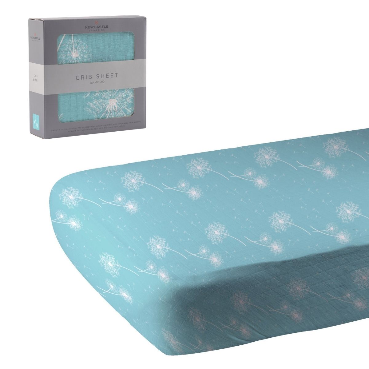 Newcastle Classics Bamboo Muslin Crib Sheet - Dandelion Seeds (Aqua)