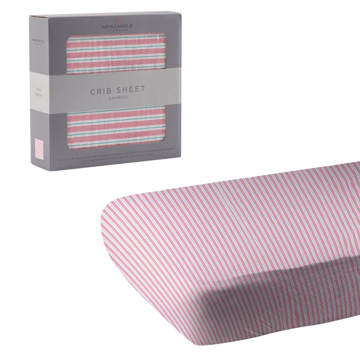 Newcastle Classics Candy Stripe pink and white bamboo crib sheet unrolled next to its grey retail window box.