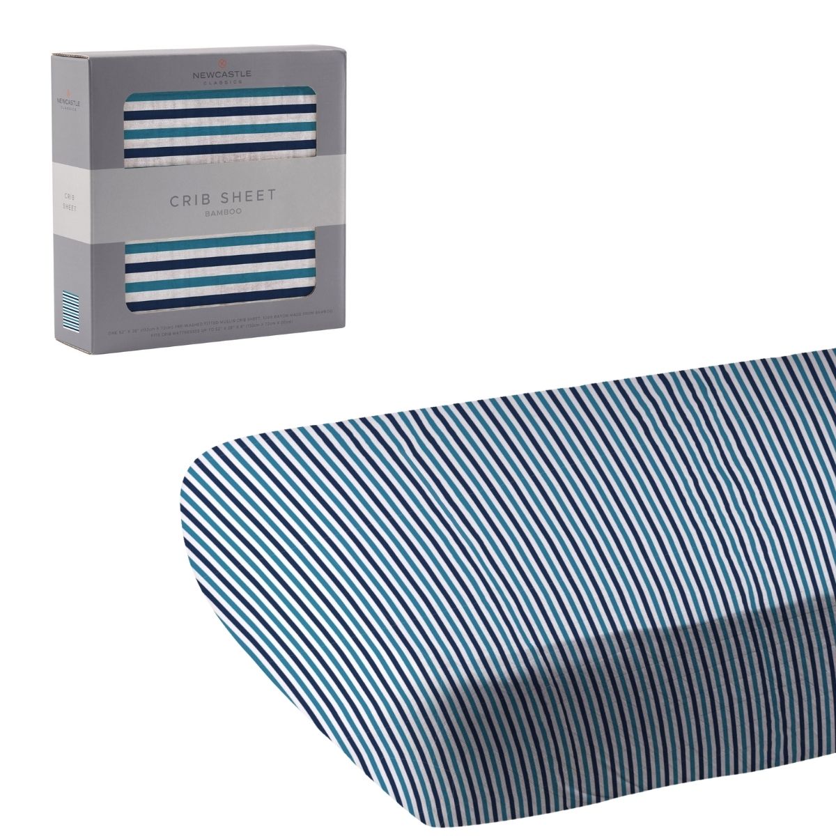 Newcastle Classics Blue and White Stripe bamboo crib sheet unrolled next to its grey retail window box.