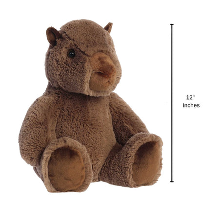 Sizing graphic showing the Aurora capybara plush sitting upright next to a measurement line to demonstrate its 11.5-inch height.