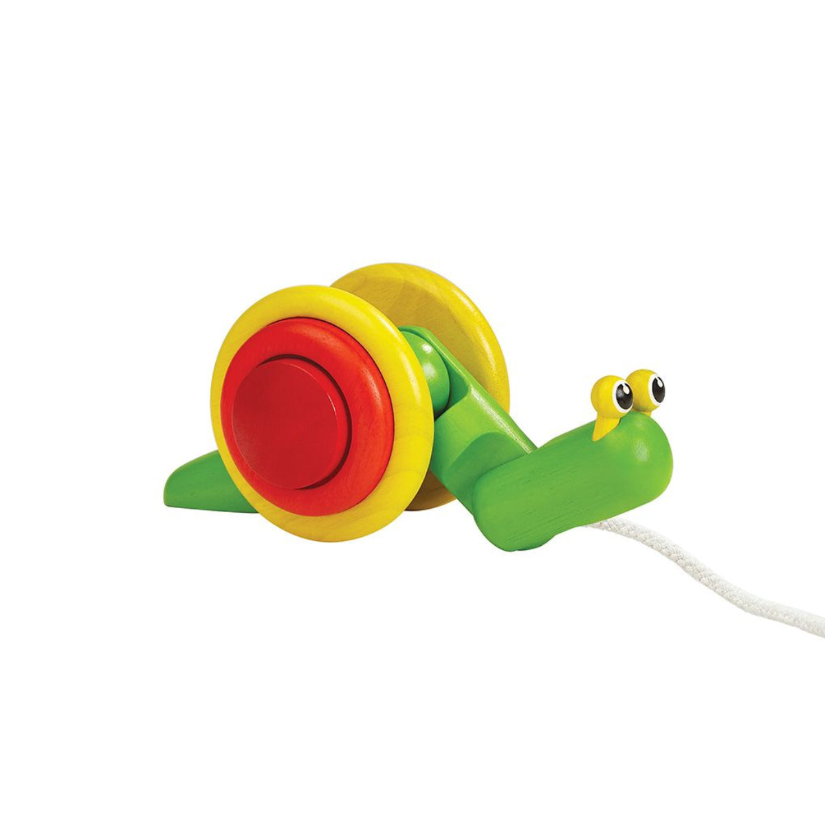 Close-up of the eco-friendly rubberwood and non-toxic water-based dyes on the PlanToys snail toy.