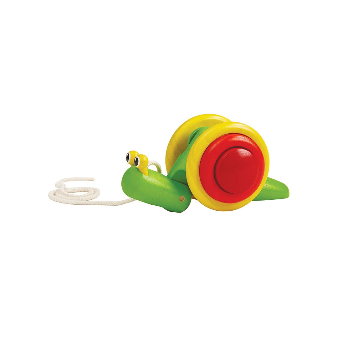 Side angle of the PlanToys pull-along snail showing its sturdy pull string and unique crawling wheel design.