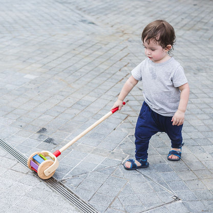 A young child practicing balance and coordination while walking with the earth-friendly PlanToys push toy outdoors.