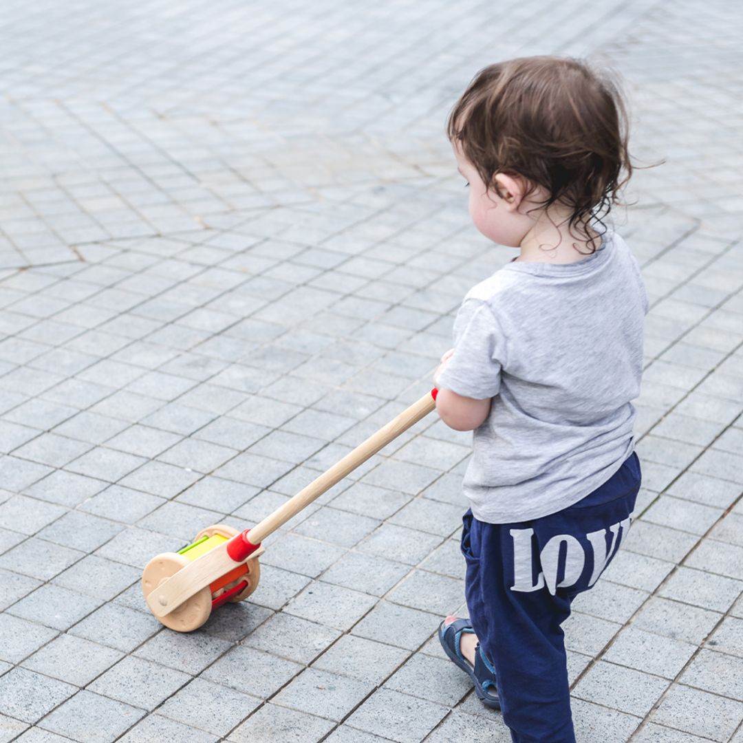 Rear view of a toddler confidently walking away while pushing the non-toxic PlanToys wooden roller toy.