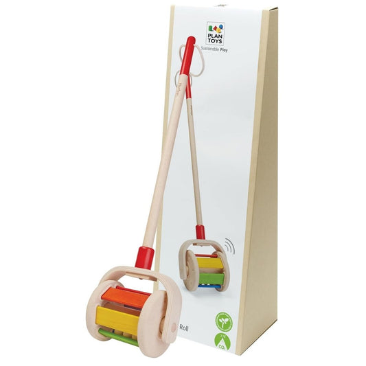 The eco-friendly PlanToys wooden walk n roll push toy displayed next to its sustainable cardboard packaging.