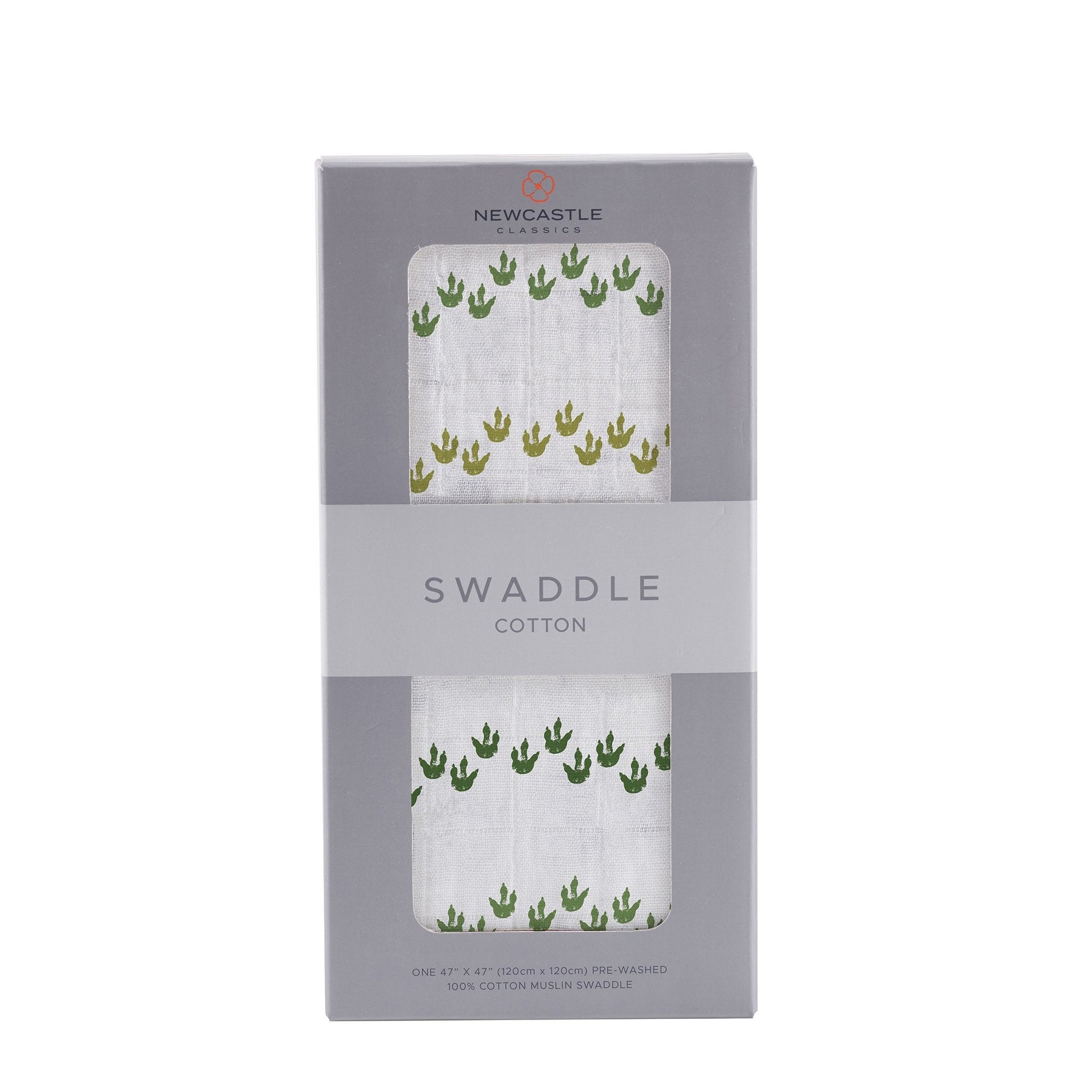 Straight front view of the packaged Dino Feet baby swaddle blanket in a grey Newcastle Classics box.