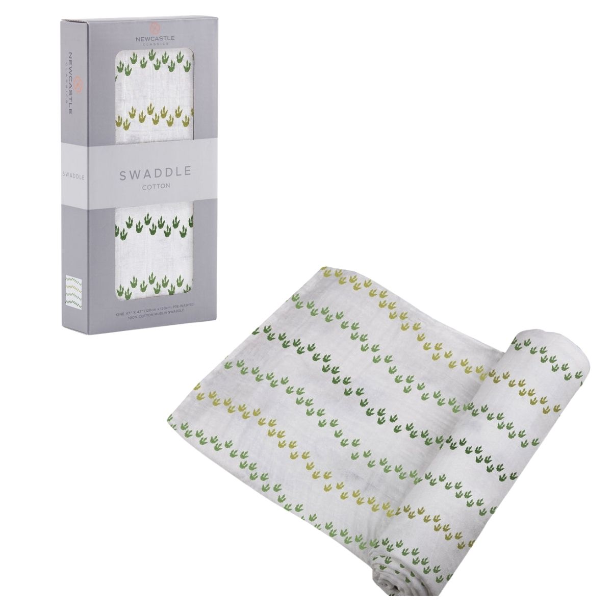 Partially unrolled Newcastle Classics Dino Feet cotton muslin swaddle blanket displayed next to its grey window packaging box.