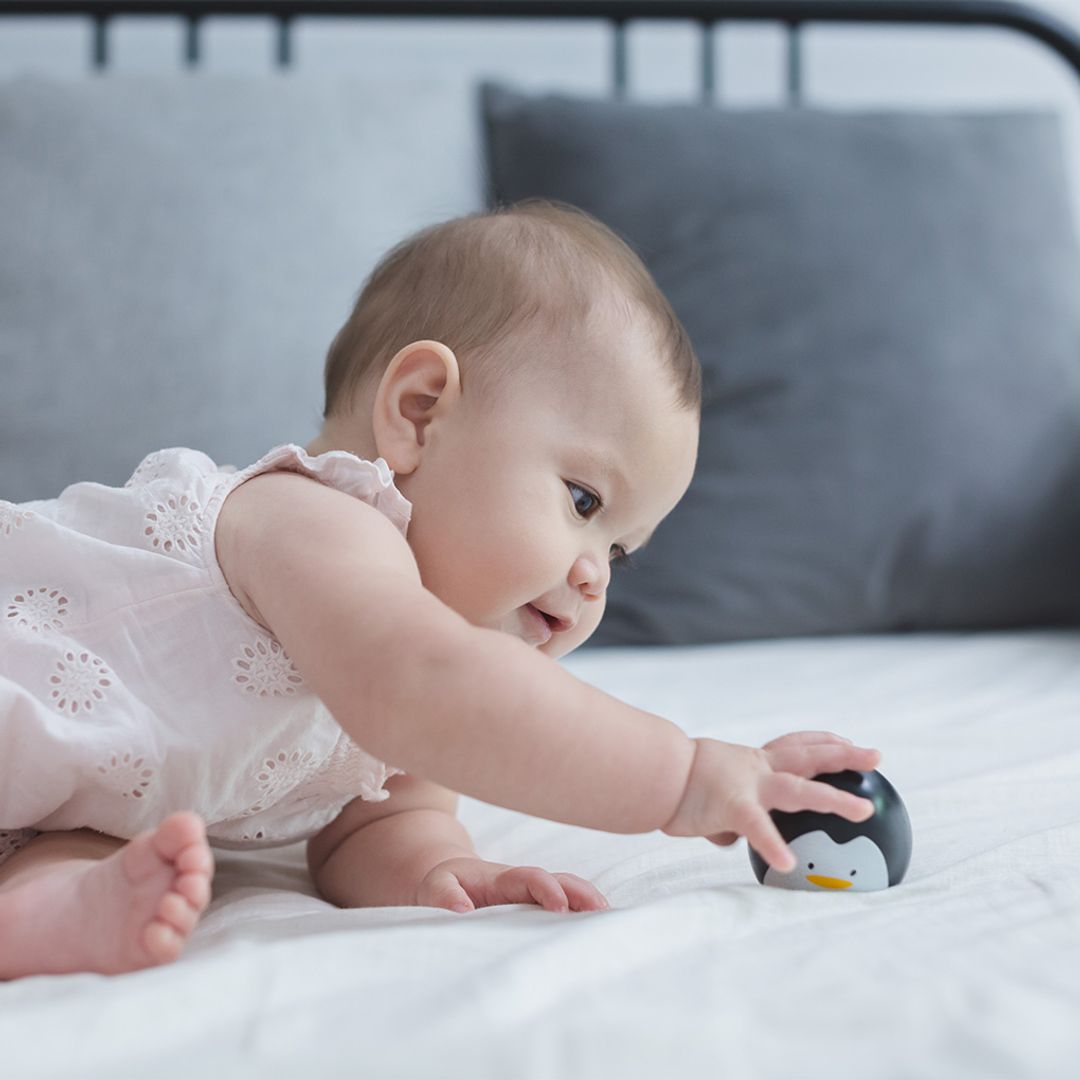 A young baby practicing crawling skills while reaching for the captivating PlanToys penguin wobbler.