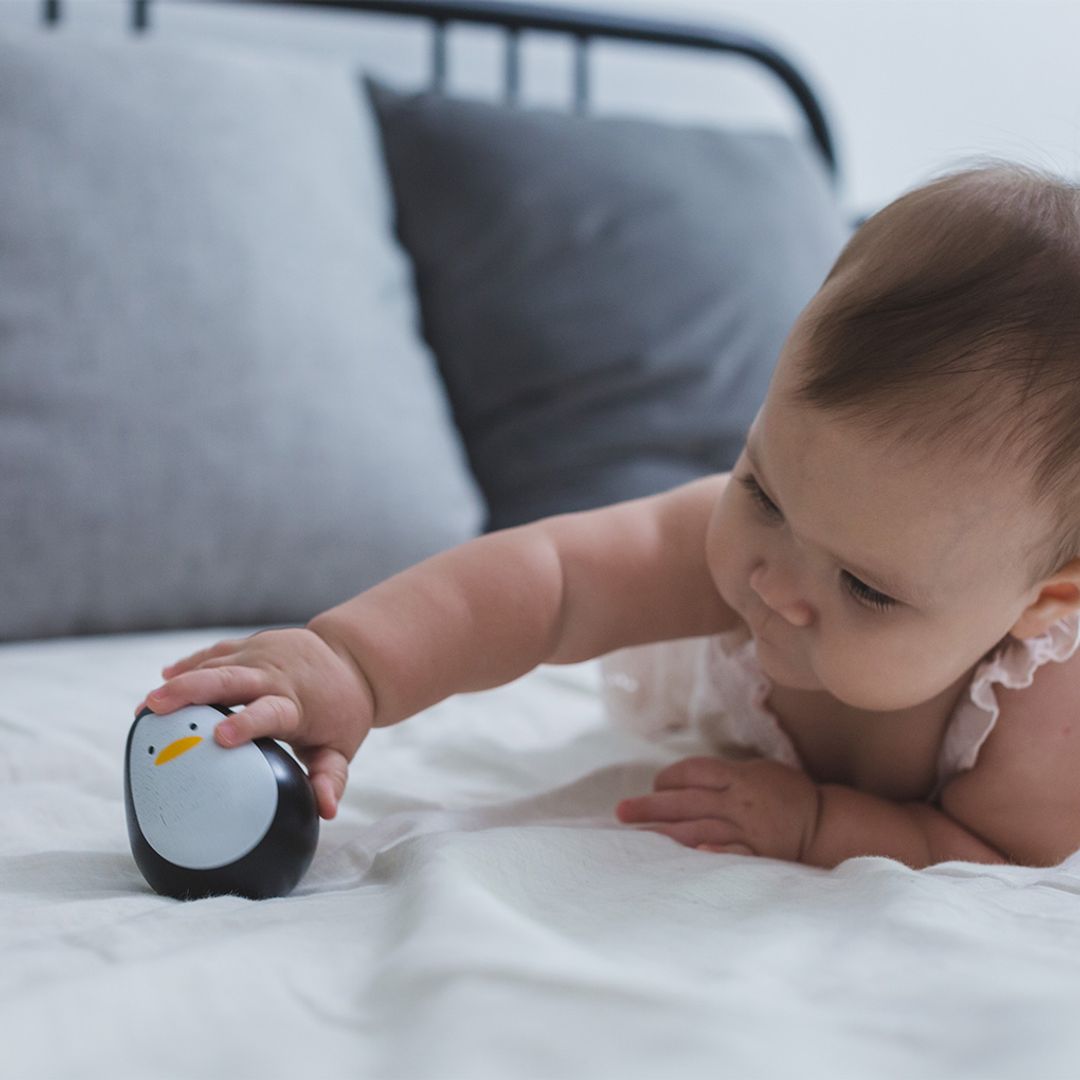 Close-up of a baby's hand pushing the chemical-free PlanToys penguin wobbler to make it rock and spin.