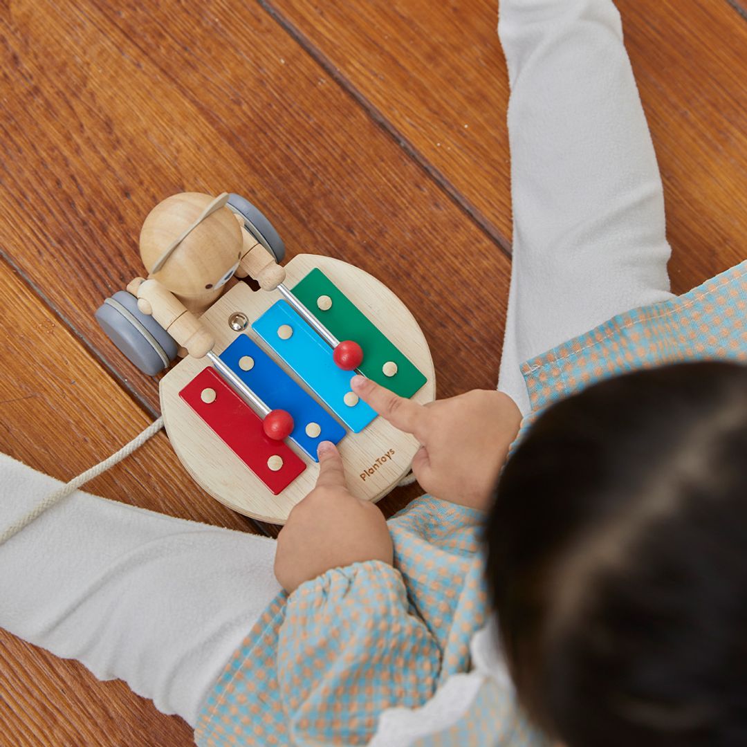 Overhead view of a child using their finger to explore the colorful xylophone keys on the PlanToys pull along bear.