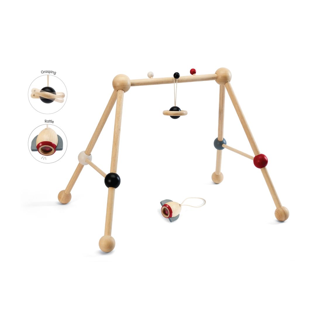 Detailed graphic of the chemical-free PlanToys baby play gym highlighting the interactive features of the detachable high-contrast sensory toys.
