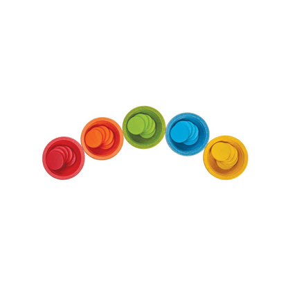 Five brightly colored, earth-friendly wooden cups from the PlanToys educational sorting set lined up in a row.