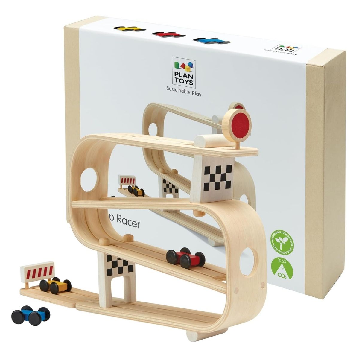 The PlanToys wooden ramp racer toy displayed next to its eco-friendly, sustainable packaging.