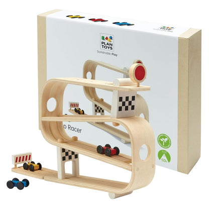 The PlanToys wooden ramp racer toy displayed next to its eco-friendly, sustainable packaging.