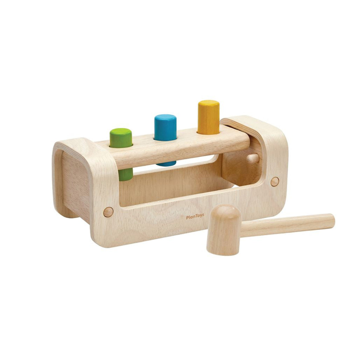 Overhead view of the colorful pegs and wooden mallet included with the PlanToys hammering bench.