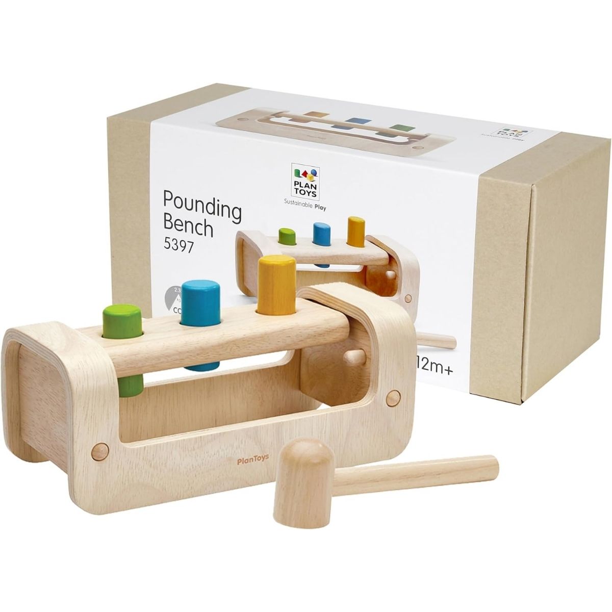 he eco-friendly PlanToys wooden pounding bench with hammer displayed next to its sustainable packaging.