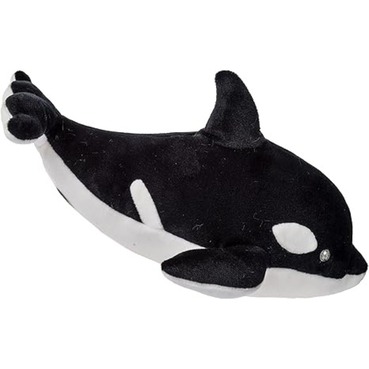 Top view of the 10-inch orca whale plush showing its soft dorsal fin and velvety sensory fabric.
