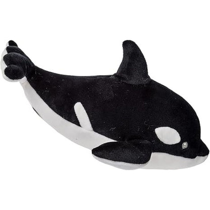 Top view of the 10-inch orca whale plush showing its soft dorsal fin and velvety sensory fabric.