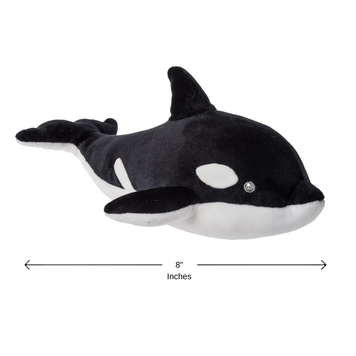 Friendly embroidered eyes and safe construction of the Mary Meyer black and white orca plush.