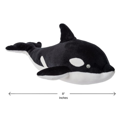 Friendly embroidered eyes and safe construction of the Mary Meyer black and white orca plush.