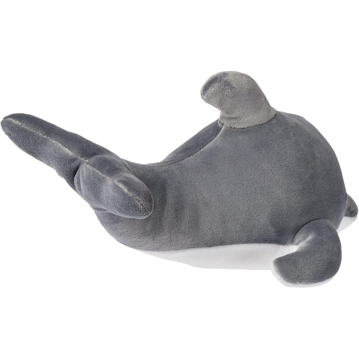 Top view of the 8-inch dolphin plush showing its soft dorsal fin and velvety sensory fabric.