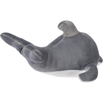 Top view of the 8-inch dolphin plush showing its soft dorsal fin and velvety sensory fabric.