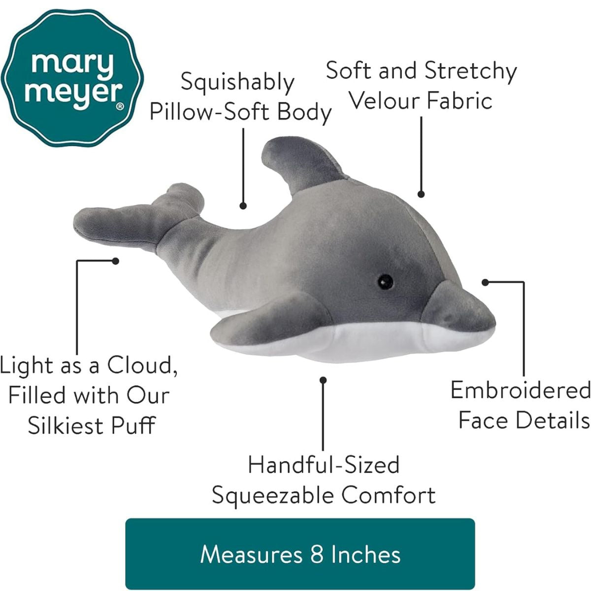 Close up of the plush dolphin tail and white underbelly accents on the Smootheez Dolphin.