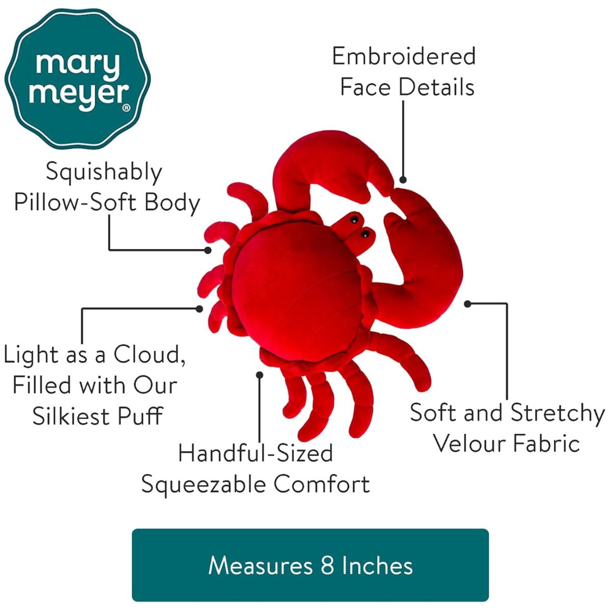 Side view of the Mary Meyer crab stuffed animal showing its huggable shape and plush legs.