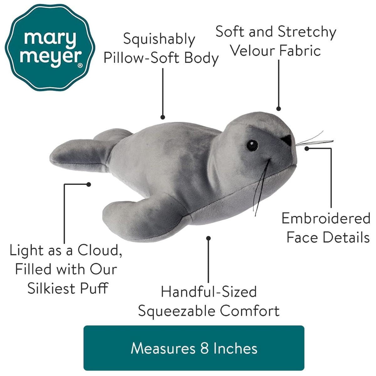 Close up of the friendly sculpted face, whiskers, and embroidered eyes of the gray seal plush.
