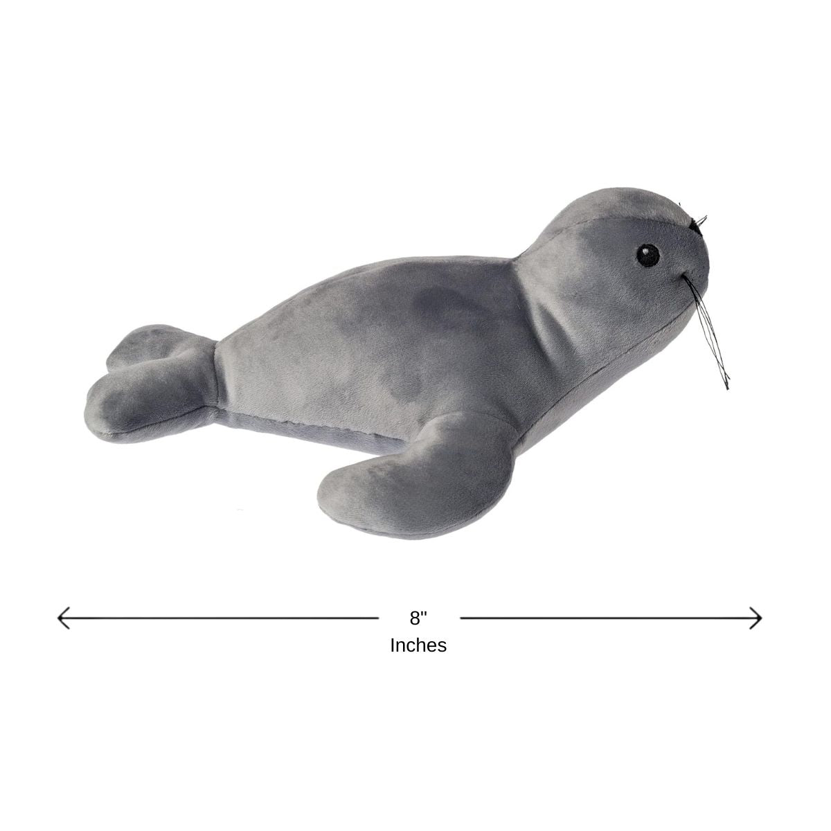 Close up of the friendly sculpted face, whiskers, and embroidered eyes of the gray seal plush.