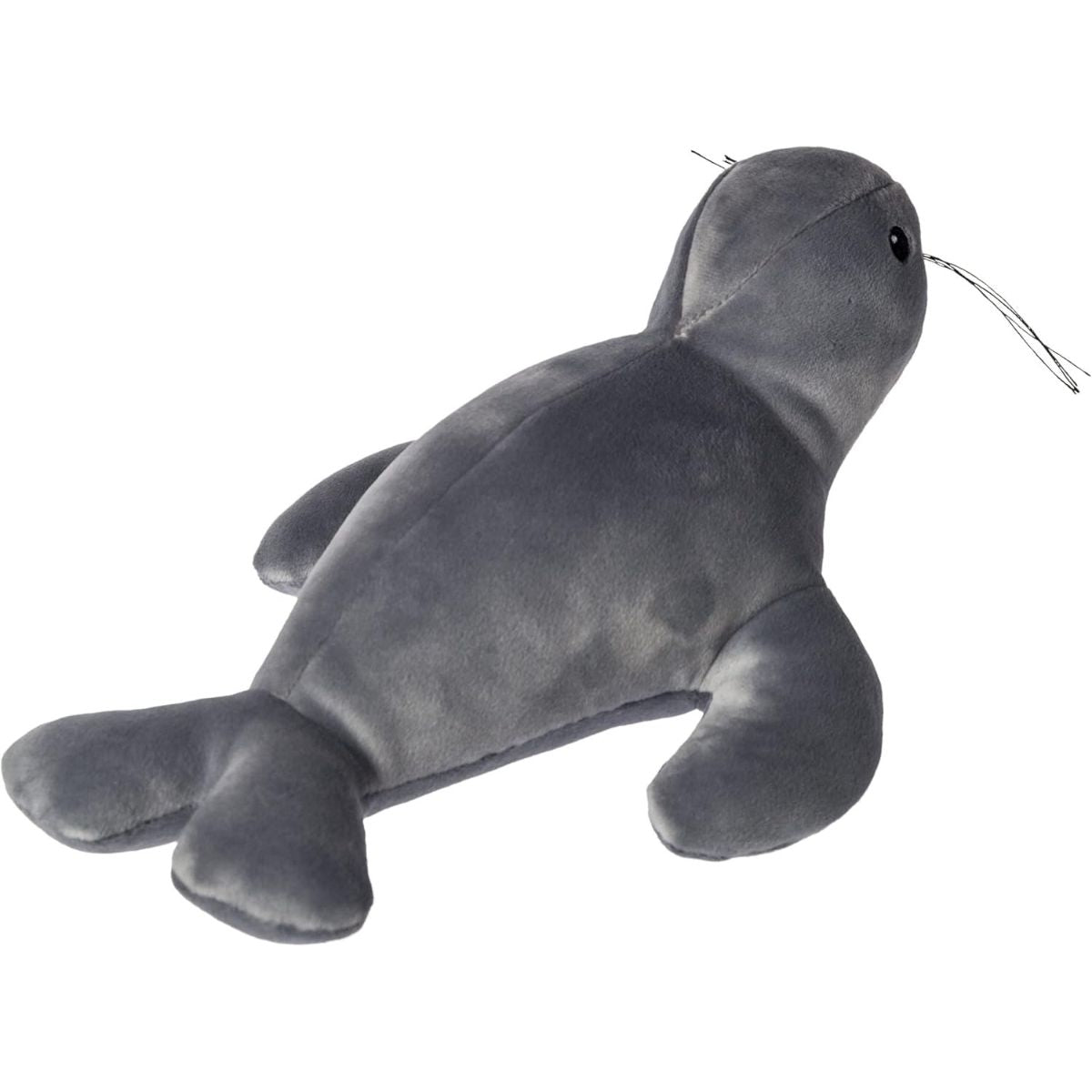 Side view of the gray Smootheez seal plush showing soft flippers and velvety sensory fabric.