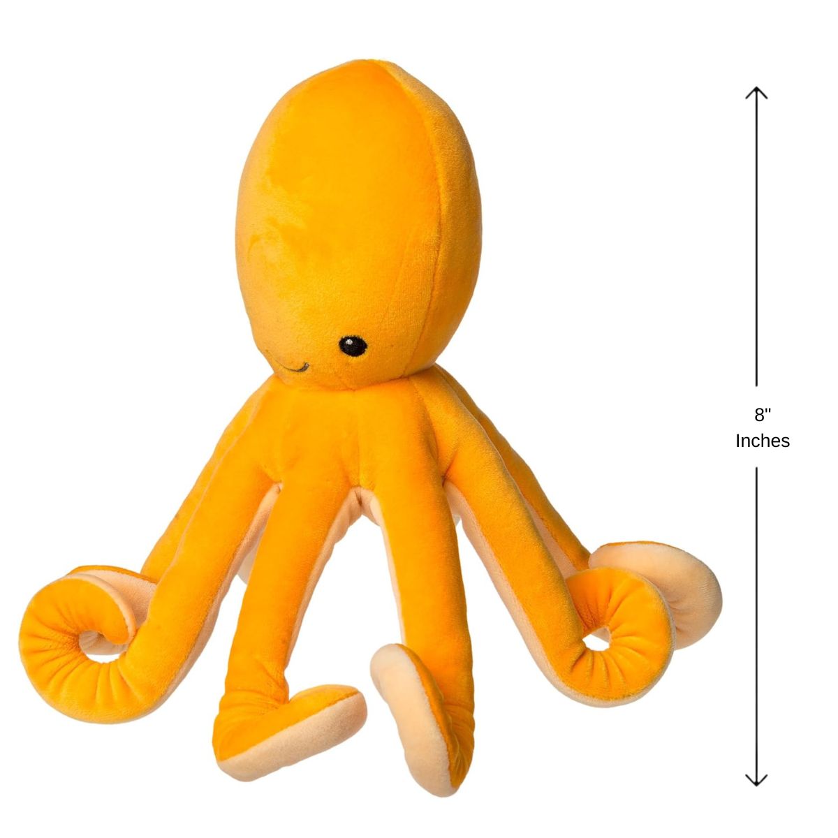 Close up of the friendly embroidered face and velvety fabric of the orange octopus stuffed animal.
