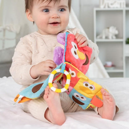A baby sitting comfortably on a soft floor mat, actively squeezing and exploring the colorful Sesame Street activity book.