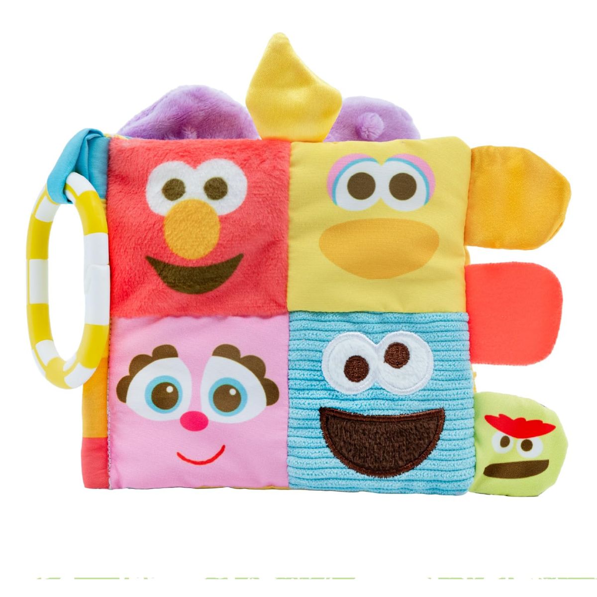 Sesame Street 8-inch soft activity baby book featuring the plush faces of Elmo, Big Bird, Abby Cadabby, and Cookie Monster with a yellow plastic link ring.