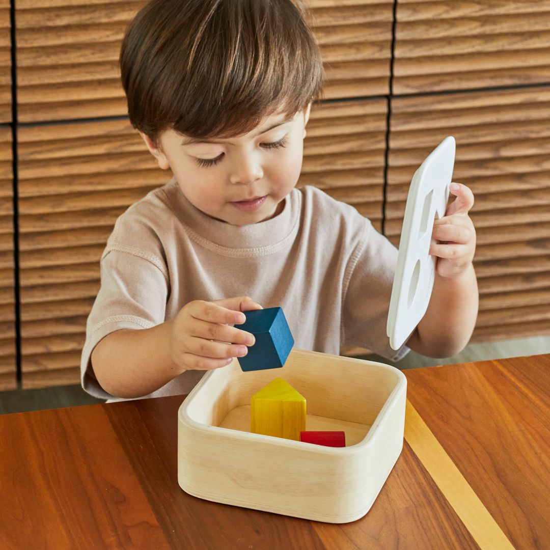 A young child engaged in quiet, focused play with the earth-friendly PlanToys sorting bin on a soft surface.