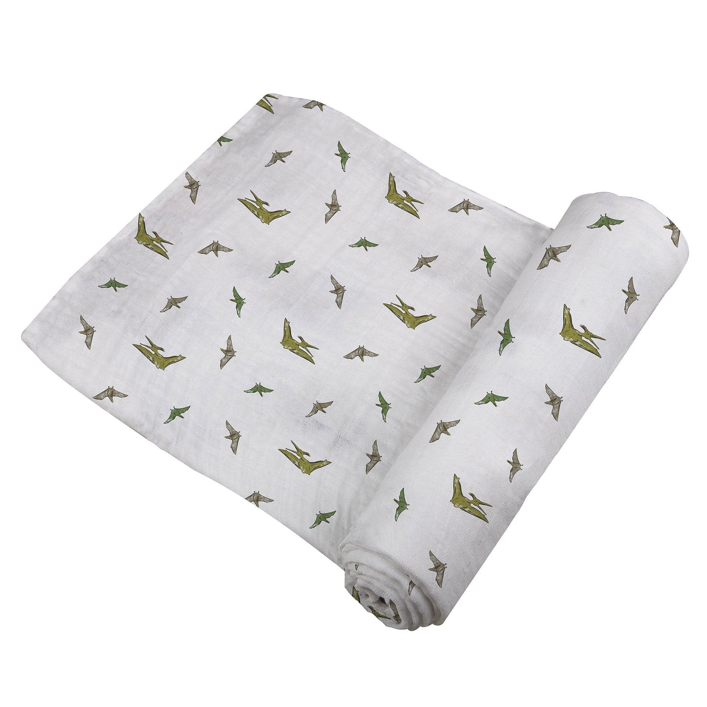 Angled view of the swaddle blanket partially unrolled to showcase the flying green dinosaur pattern.
