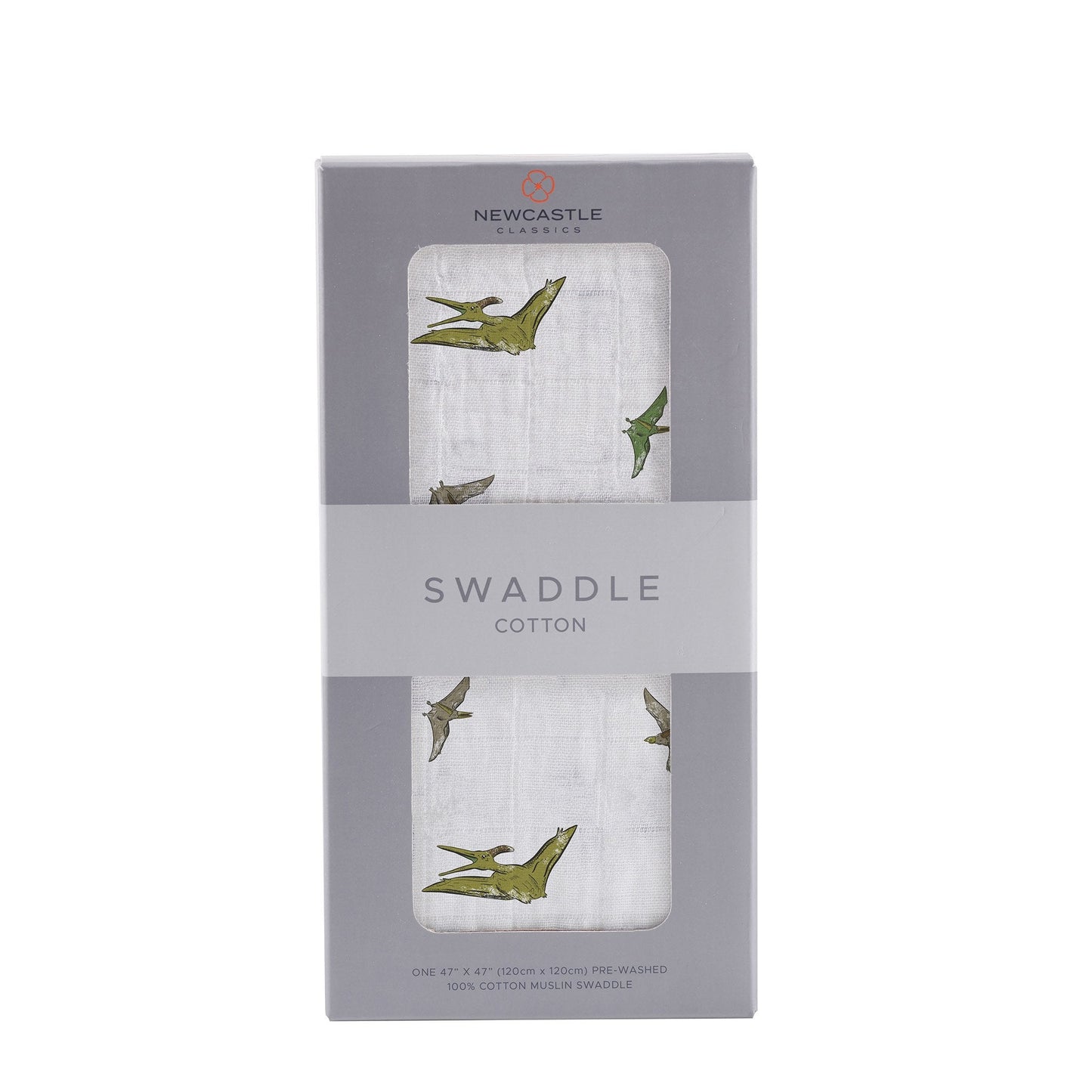 Straight front view of the packaged Pteranodon dinosaur baby swaddle blanket in a grey Newcastle Classics box.