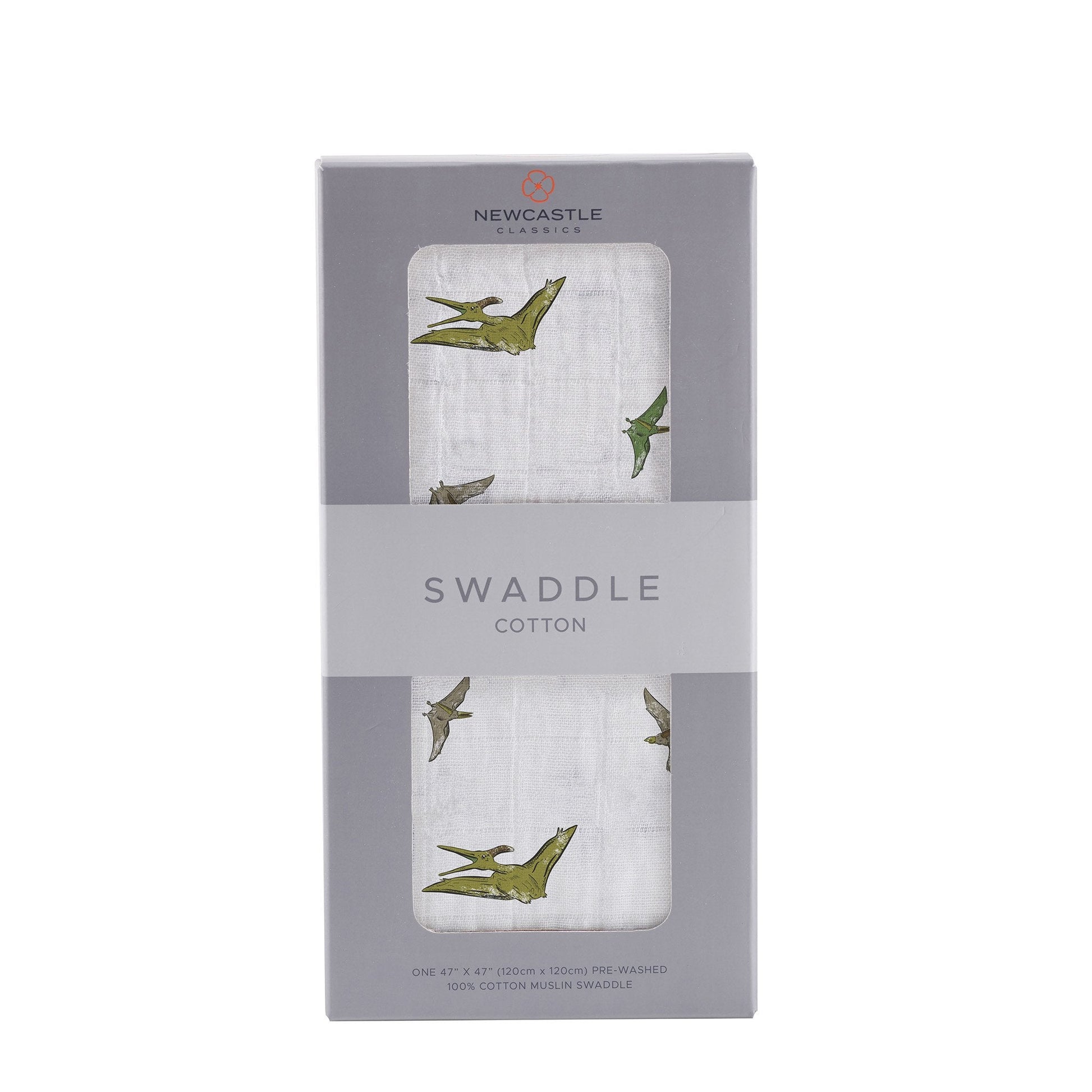 Straight front view of the packaged Pteranodon dinosaur baby swaddle blanket in a grey Newcastle Classics box.