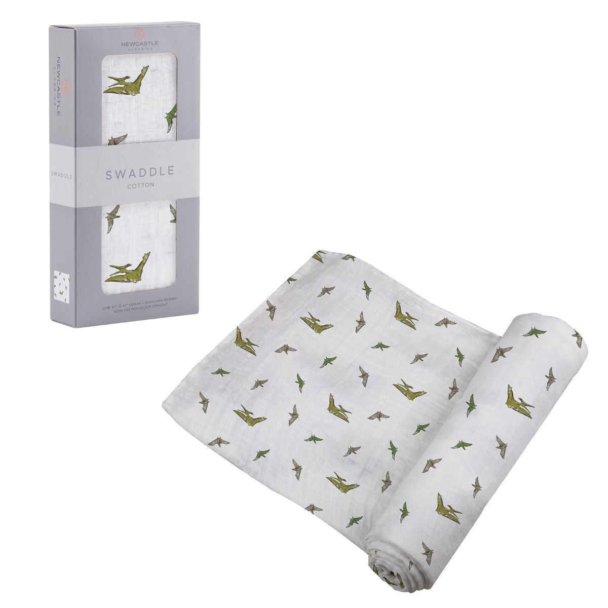 Partially unrolled Newcastle Classics Pteranodon cotton muslin swaddle blanket displayed next to its grey window packaging box.