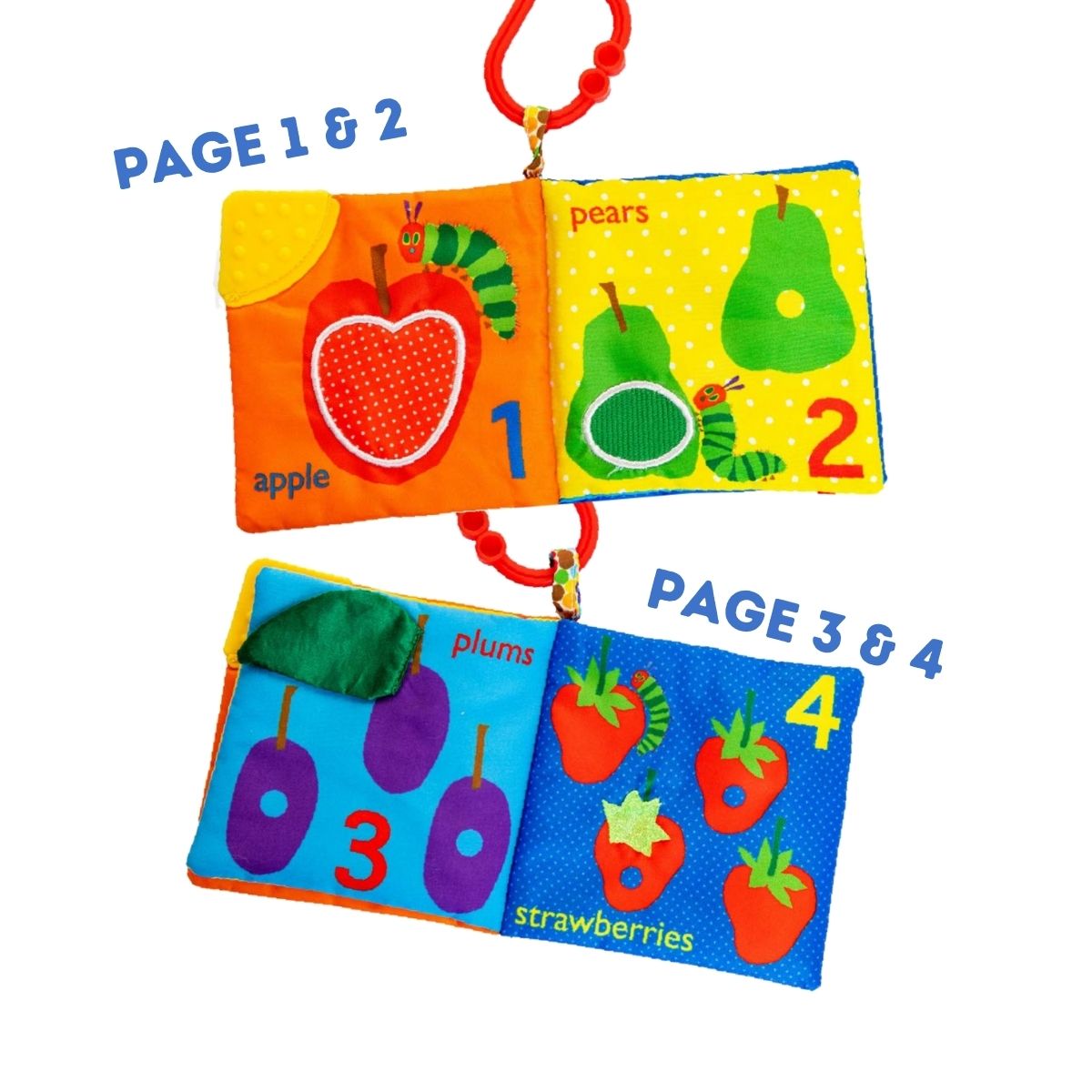 Inside spreads of the Eric Carle cloth book showing pages 1 through 4 with bright numbers and matching illustrations of an apple, pears, plums, and strawberries.