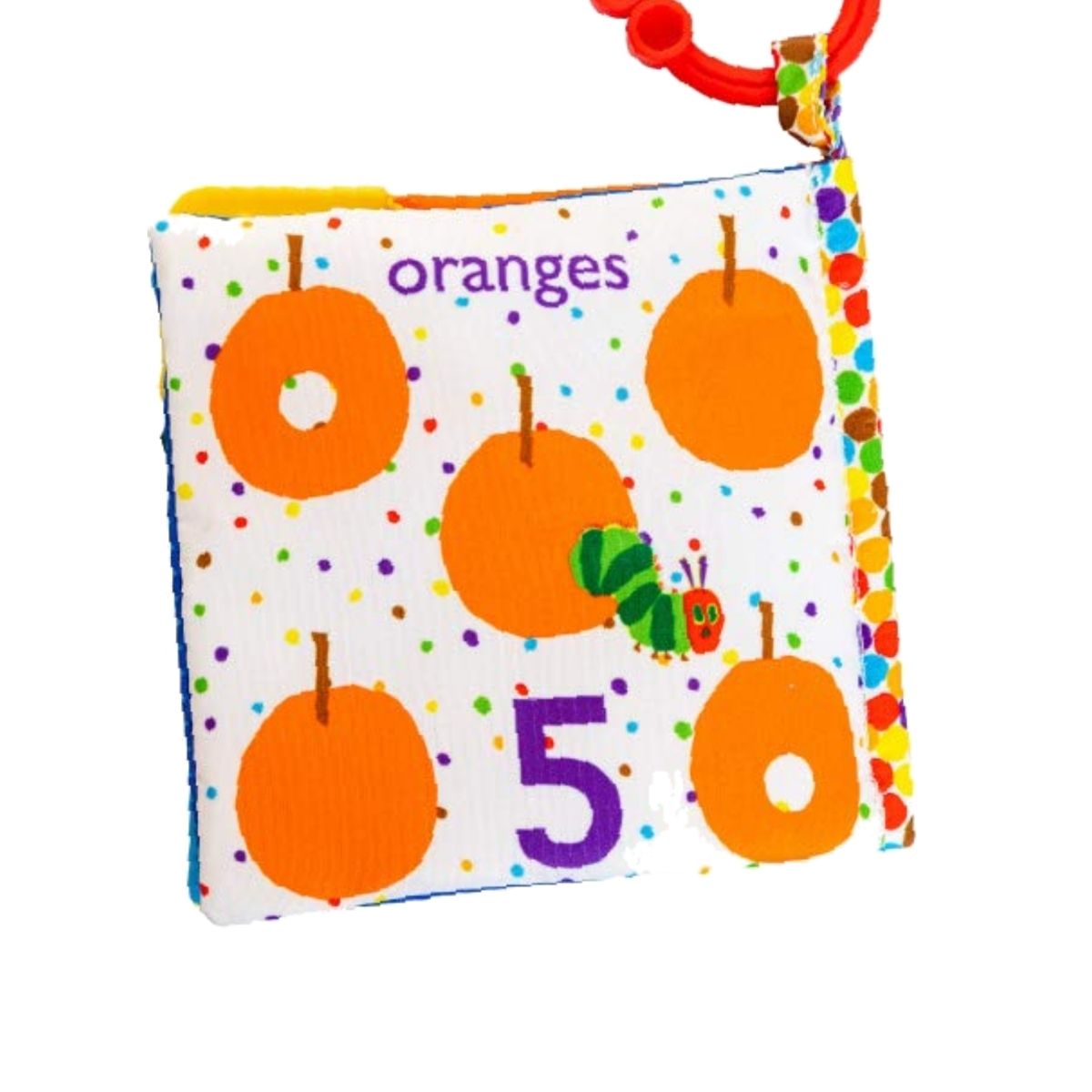The final page of the cloth book highlighting five bright oranges, the number 5, and the tiny caterpillar crawling through a cutout.