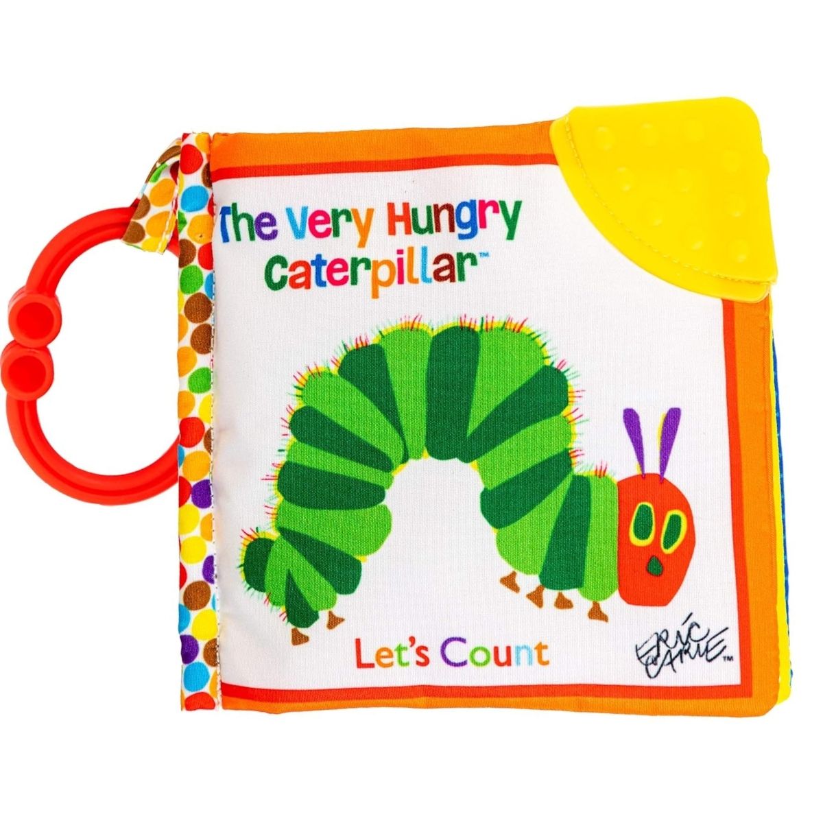 World of Eric Carle The Very Hungry Caterpillar 5-inch soft activity book cover with a red plastic link ring and a textured yellow corner teether.