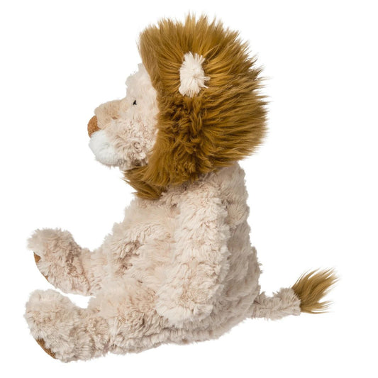 Side view of the slouchy Snuggables lion plush showing its weighted bottom and fluffy mane.