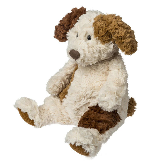 Mary Meyer Snuggables Pup 14-inch ultra-soft floppy stuffed animal in tan with brown spots.